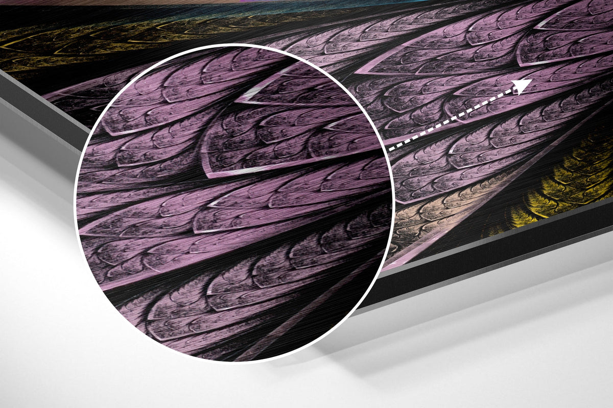 Magnified detail of the brushed metal grain showing through the jewel tone fractal flower print