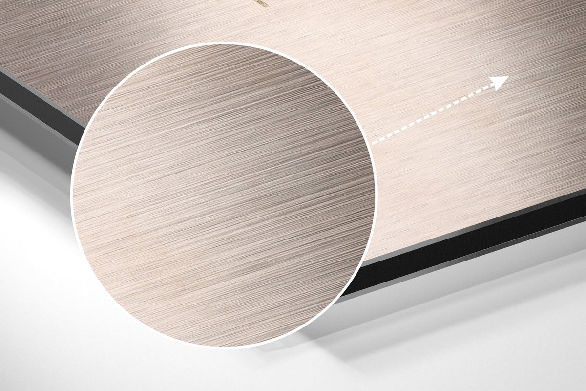 Magnified detail of the brushed metal grain showing through the navy and gold line loops print