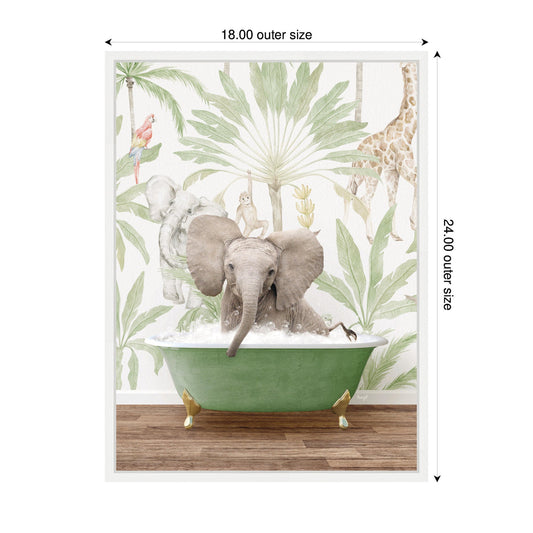Baby Elephant in Safari Bathtub Framed Canvas Wall Art