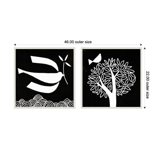 Black and White Linocut Birds Framed Canvas Art Set