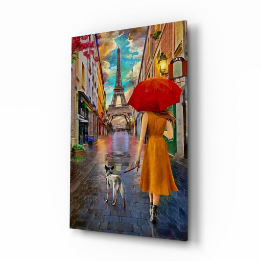 Paris Rainy Street Stroll Glass Wall Art