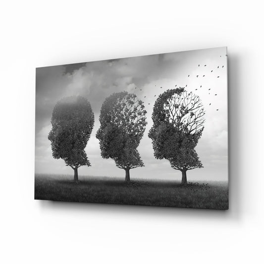 Three Head Shaped Trees Losing Leaves Glass Wall Art