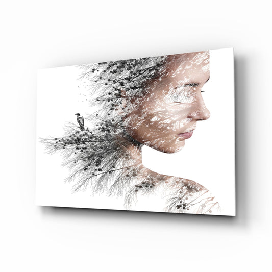 Woman Bird Double Exposure Glass Wall Art