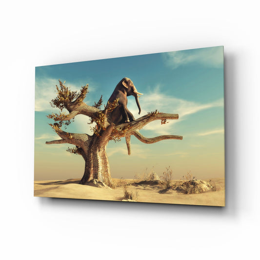 Surreal Elephant Balancing Tree Glass Wall Art