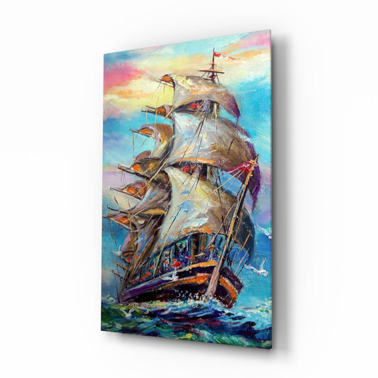 Galleon Sailboat Glass Wall Art