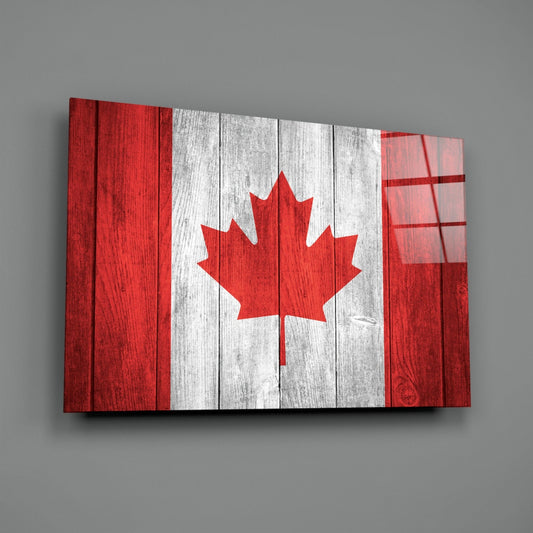 Canada wood plank flag glass wall art on a gray wall, light catching the glossy glass surface