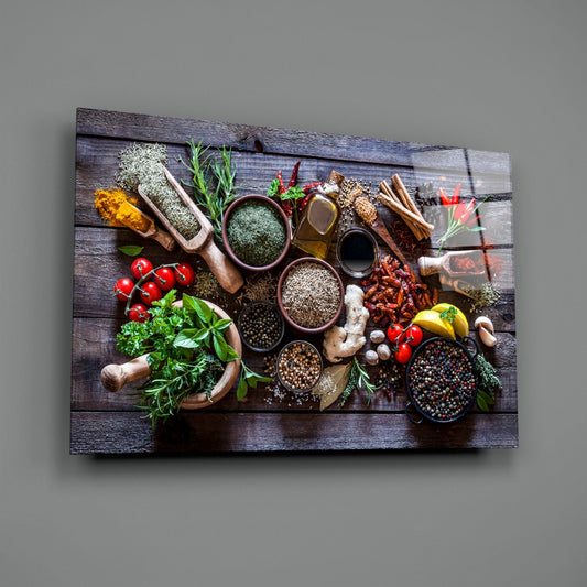 Herbs and spices kitchen glass wall art on a gray wall
