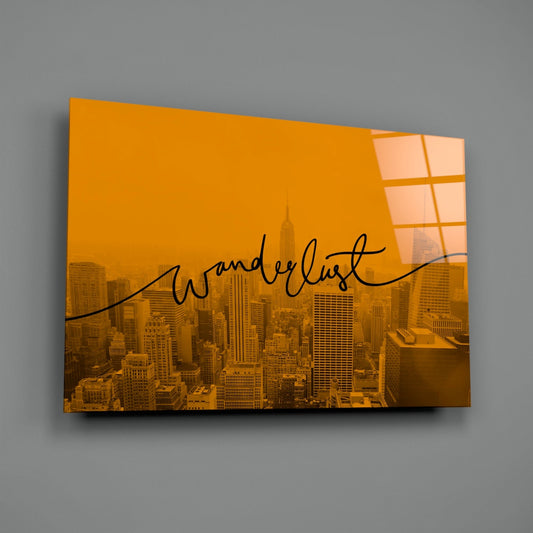 Wanderlust New York skyline glass wall art shown at an angle on a gray background