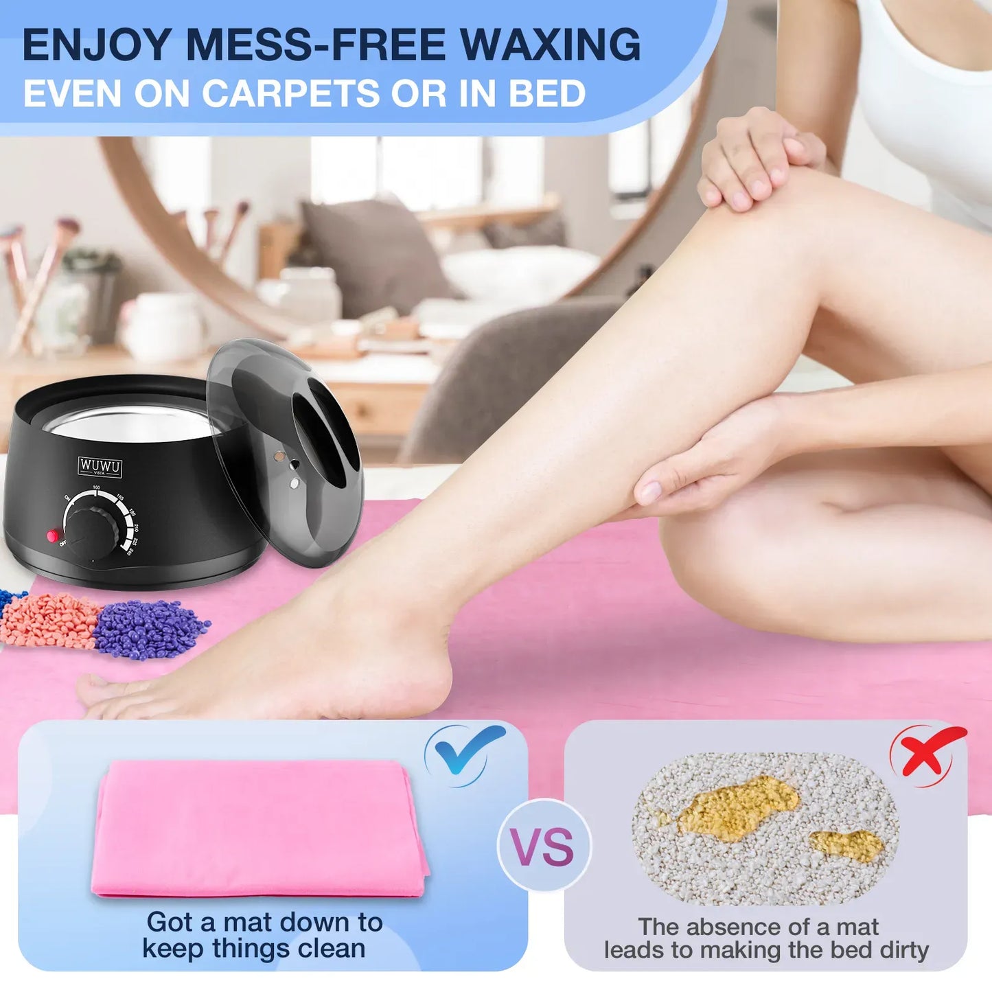 Person using a waxing machine on their leg with text highlighting mess-free waxing capabilities.