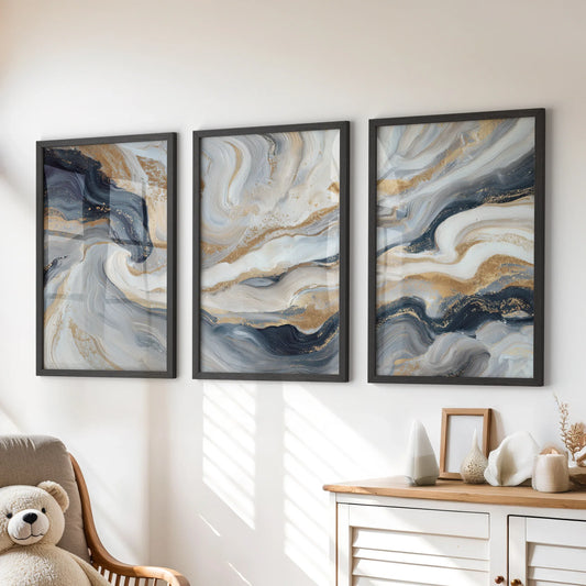 Marble Abstract Wall Art Set of 3 Navy Blue and Gold Prints
