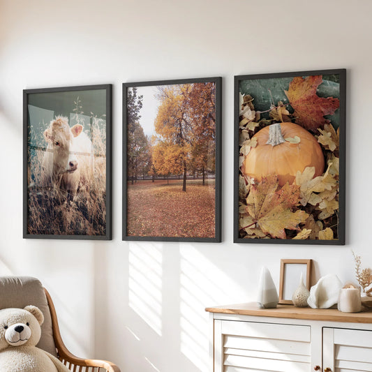 Autumn Farmhouse Wall Art Set of 3 Cow and Fall Prints