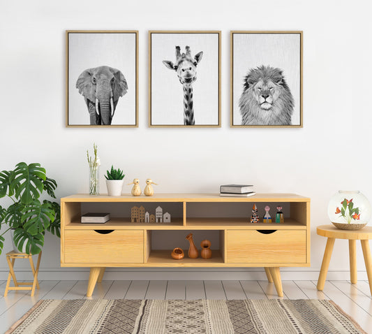 Elephant, Giraffe and Lion Framed Canvas Art Set
