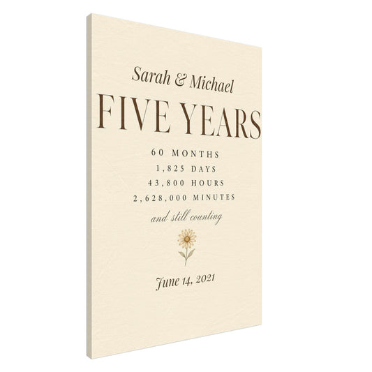 Personalized 5 Year Anniversary Canvas with names and wedding date, gallery-wrapped and ready to hang