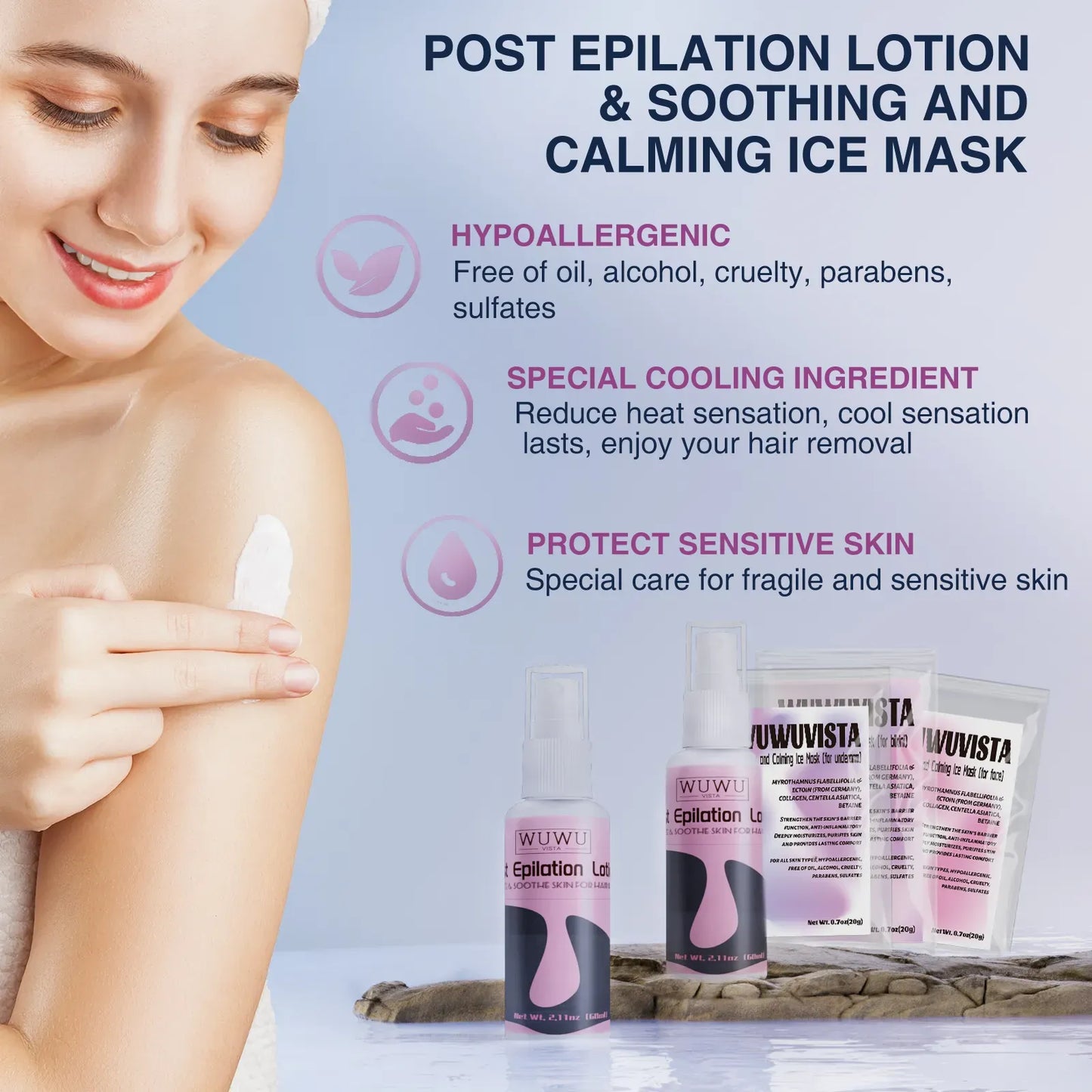 Post epilation lotion and soothing ice mask with a woman applying lotion to her arm on a light blue background.