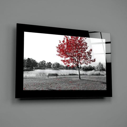 Red tree by a park bench and lake glass wall art on a gray wall