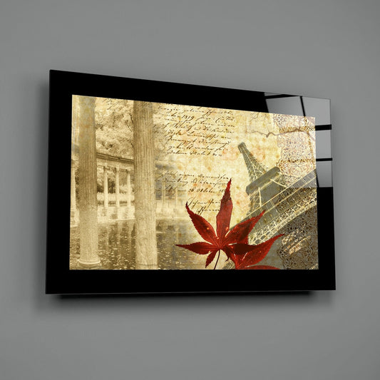 Vintage Paris collage glass wall art shown at an angle on a gray background