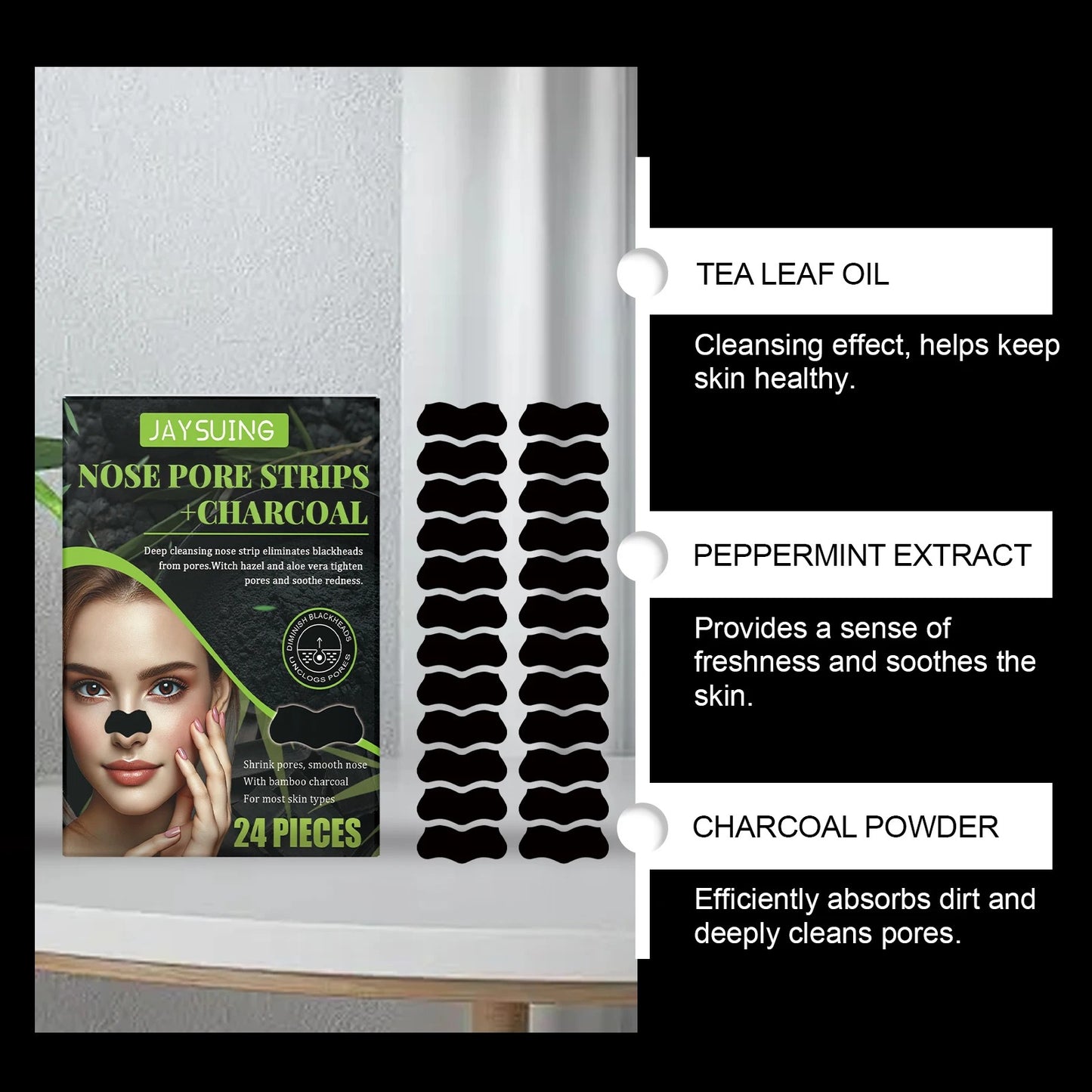 Ingredients callouts for bamboo charcoal, witch hazel, aloe, tea leaf oil, peppermint.