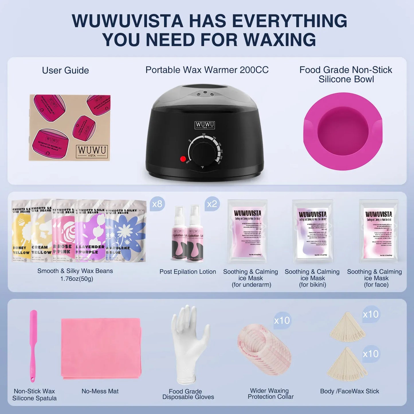 WUWUVISTA waxing kit with portable wax warmer, food-grade silicone bowl, and various waxing products on a white background.