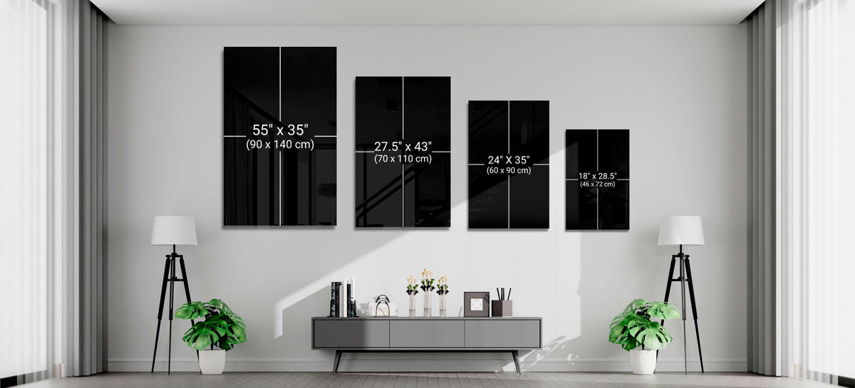 Size guide showing 55x35, 27.5x43, 24x35 and 18x28.5 inch glass pieces on a wall above a gray sideboard