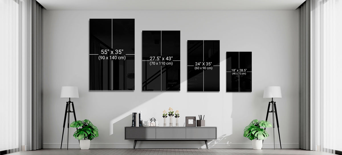 Size guide showing 55x35, 27.5x43, 24x35 and 18x28.5 inch glass pieces on a wall above a console