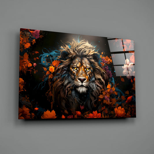 Floral Crown Lion Glass Wall Art