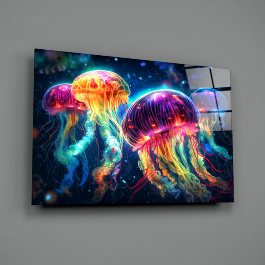Neon Jellyfish Glass Wall Art