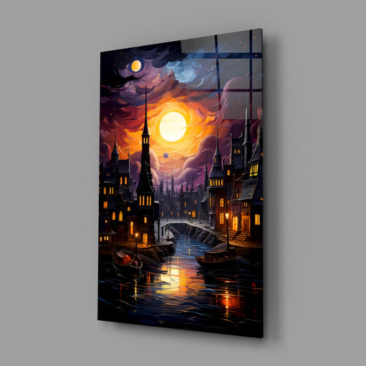 Moonlit storybook canal town glass wall art hanging on a plain gray wall
