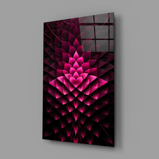 Magenta layered lotus glass wall art on a gray wall, angled to show the glossy front