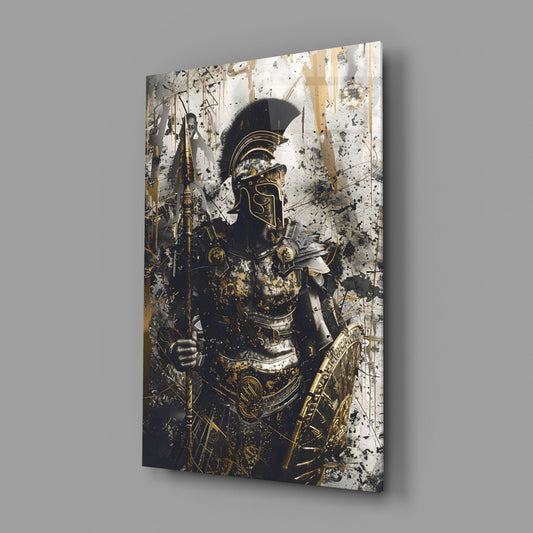 Black and gold armored warrior glass wall art on a gray backdrop with a soft shadow