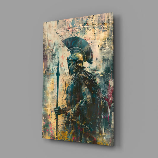 Teal and amber Spartan glass wall art on a gray backdrop with a soft shadow
