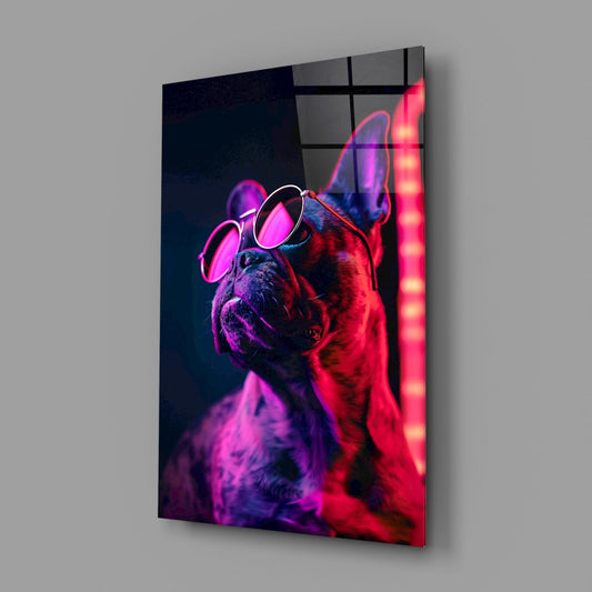 Red neon French bulldog glass wall art angled on a plain gray wall