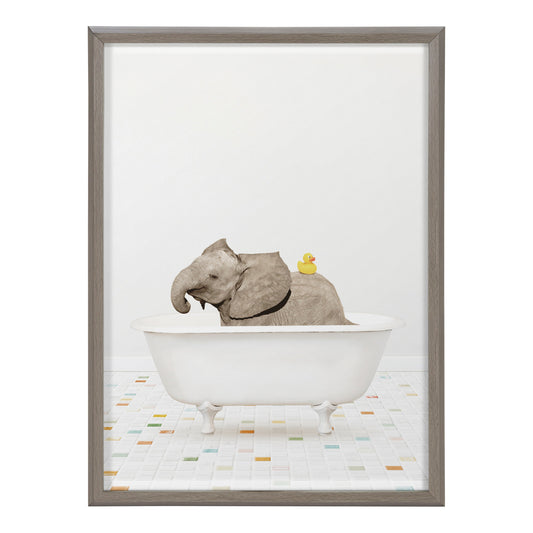 Baby Elephant Bath Time with Rubber Ducky Framed Glass Wall Art