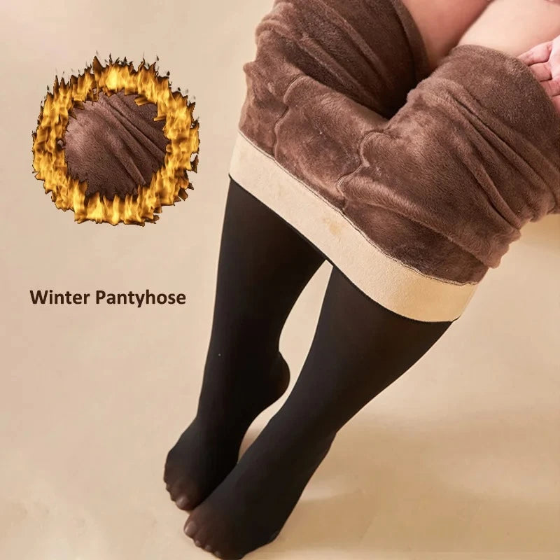 fleece lined tights with sheer look in black
