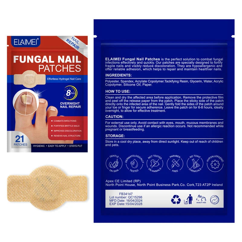 fungal nail patch packaging back view with ingredients usage instructions and care information