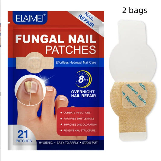 fungal nail repair patches package with toenail treatment illustration and overnight care label