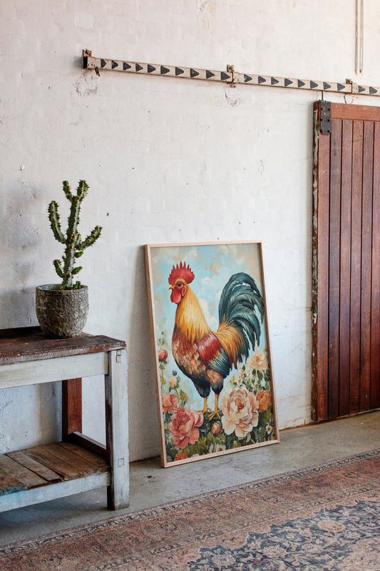 Sunlit Rooster Wall Art - Floral Farmhouse Print