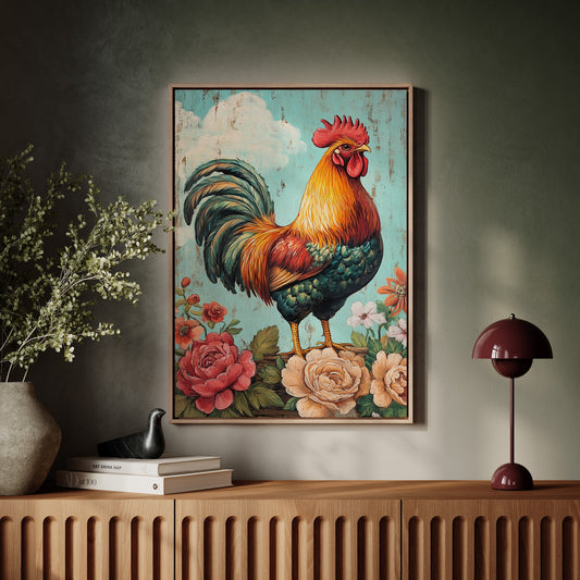 King Rooster Wall Art - Floral Farmhouse Print