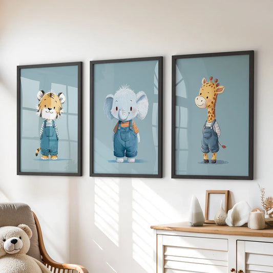 Safari Nursery Wall Art Set of 3 - Elephant, Giraffe, Tiger