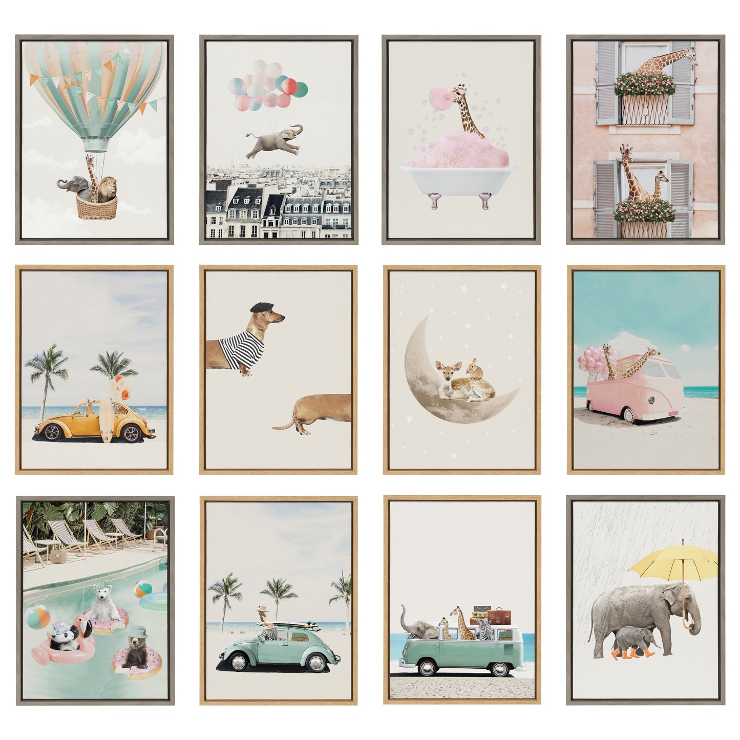Pool Party Animals Whimsical Framed Canvas Wall Art
