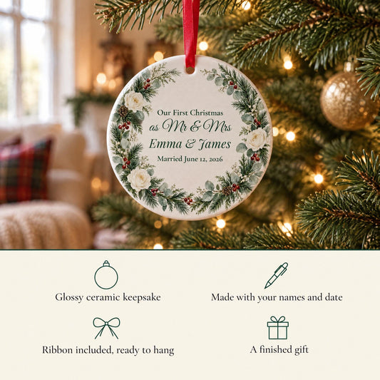 Mr and Mrs ceramic ornament with a watercolor wreath, made with your names and date, ribbon included