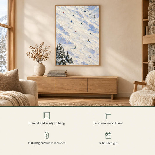 Framed ski print above a console: framed and ready to hang, premium wood frame, hardware included, a finished gift