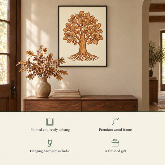 Oak print over a walnut console: framed and ready to hang, premium wood frame, hanging hardware included, a finished gift
