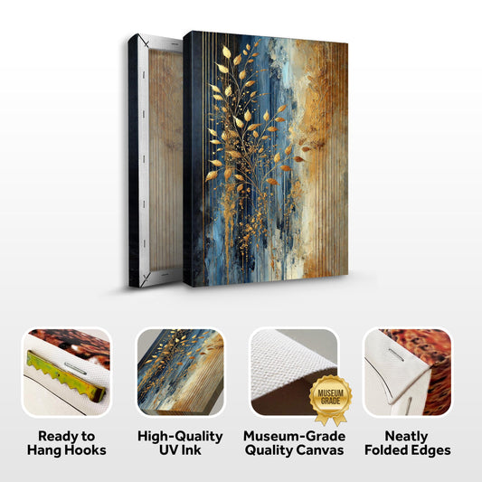 Golden leaves branch canvas front and side, with text: Ready to Hang Hooks, High-Quality UV Ink, Museum-Grade Quality Canvas, Neatly Folded Edges