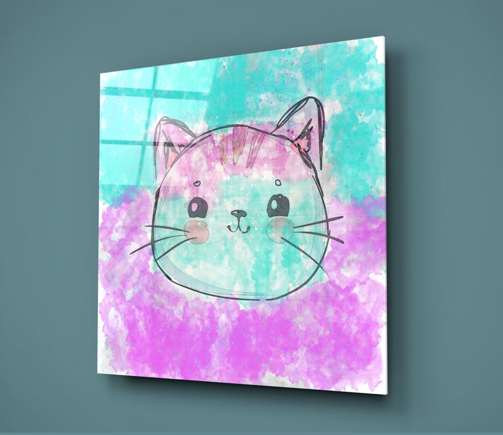 Pastel kitty face glass wall art on a blue-gray wall with window light reflected in the glossy glass