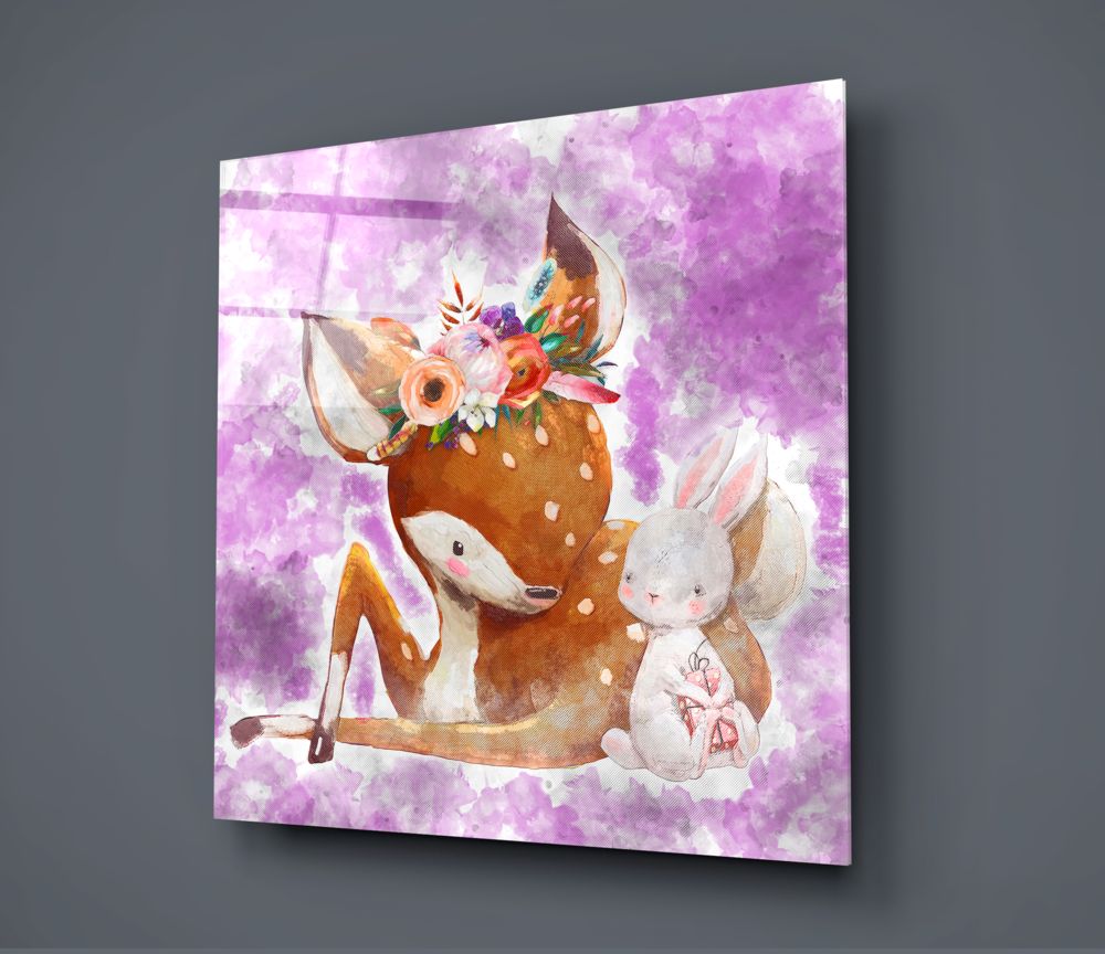 Fawn and bunny watercolor glass wall art on a dark gray wall