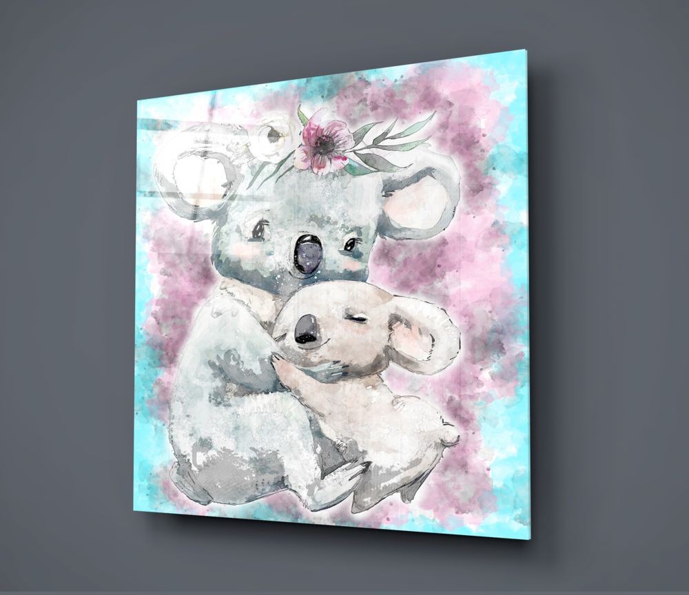 Mother and baby koala glass wall art on a dark gray wall