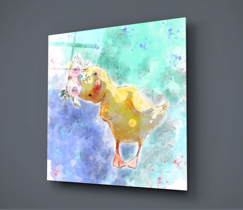 Duckling with flower crown glass wall art on a dark gray wall