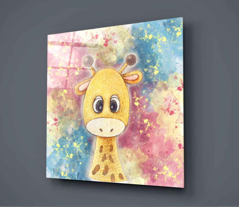 Baby giraffe watercolor glass wall art on a dark gray wall