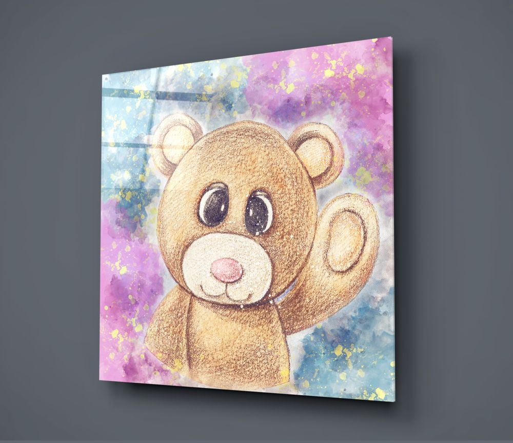 Waving teddy bear glass wall art on a dark gray wall, light reflecting off the glossy front
