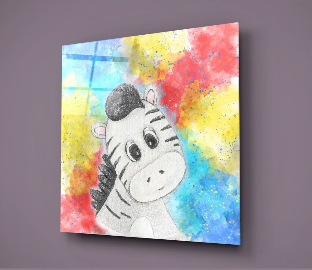Baby zebra watercolor glass wall art on a muted mauve gray wall